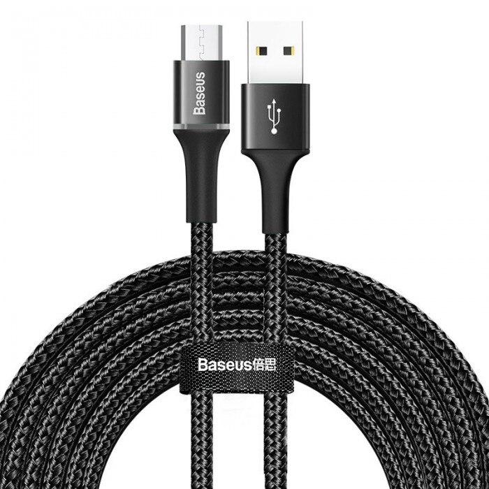 Cablu de date/incarcare Baseus, Halo Durable Nylon Braided, Micro USB 3M 2 A, Negru